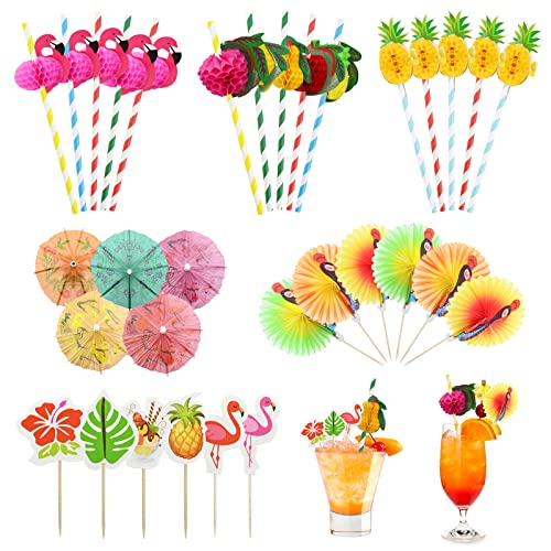 74 Stück Cocktail Party Dekorationen, Cocktail Dekorative Papierstrohhalme, Papier Regenschirm Sticks, Pfau, Flamingo, Ananas Obst Sticks Bambus Zahnstocher, Snacks Drink Dekorative Cocktail Sticks von Gukasxi