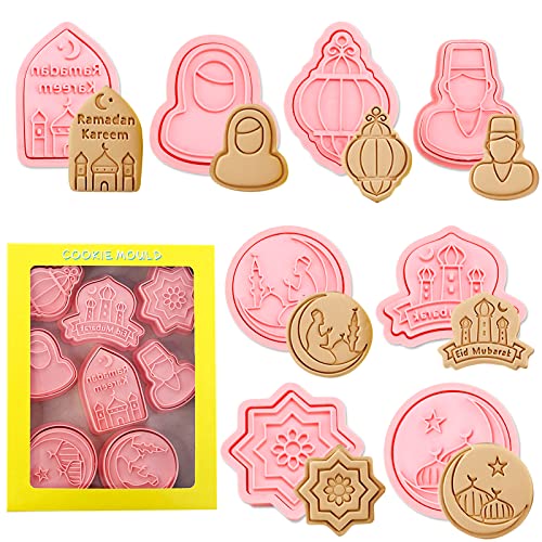 8 Stück Islamischer Ramadan Ausstechformen und 3D Stempel, Ausstecher 3D Cookies Cutter Gebäck Keks Fondant, DIY-Backwerkzeug, 3D Eid Element Keks Stempel, Muslim Eid Party-Dekoration von Gukasxi