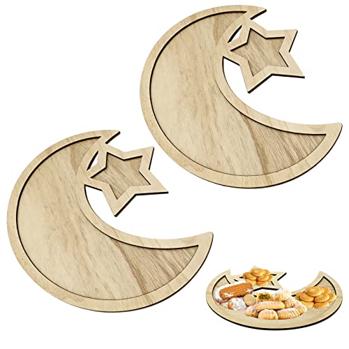 Gukasxi 2 Stück Ramadan Hölzernes Tablett Ramadan Eid Mubarak Tabletts dekorative hölzerne Mond Stern Geschirr Eid Mubarak Party Servieren Geschirr Serving Geschirr Decor Ramadan Mubarak Ornamente von Gukasxi