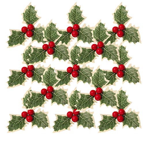 Gukasxi 30 Stück Weihnachtssimulation Holly Berries mit grünen Blättern,künstliche Holly Berry Green Leaves für Hochzeit Weihnachtskranz Arrangement,Cake Toppers Craft Party Dekorationen von Gukasxi