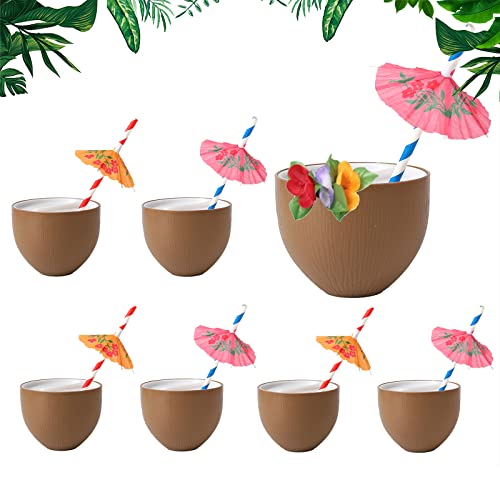 Gukasxi 6 Set Hawaiianische Kokonuss Becher mit Papier Strohhalme, Hawaii Kokosnuss Trinkbecher Kokosnuss Tassen Hawaiian Cocktail Party Tropischen Geburtstag Thema Party Favor von Gukasxi