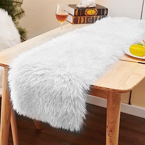 Gukasxi Kunstfell Tischläufer - Dekofell für Weihnachten, Hochzeit, Schminktisch - Weiß 38 x 183 cm von Gukasxi