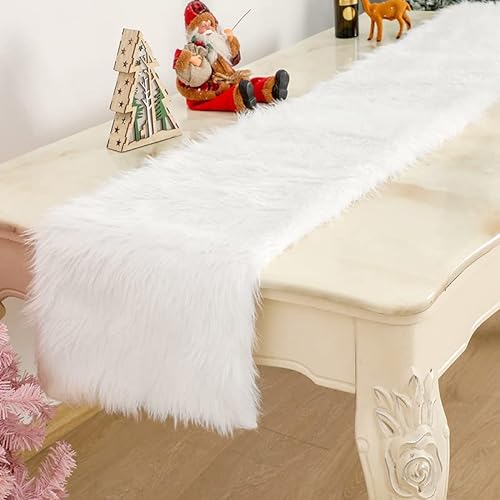 Kunstfell Tischläufer Dekofell Tischläufer Weiß Weihnachten Tischläufer für Weihnachten, Hochzeit, Schminktisch, Weiß 38 x 183 cm von Gukasxi