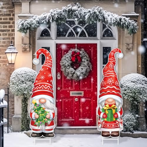Gulfmew 2 Stück Weihnachtswichtel Hofschilder Dekoration Xmas Urlaub Großer Zwerg Weihnachtsmann Hofpfähle Frohe Weihnachten Zwerg Hofschilder mit Heringen für Winter Outdoor Garten Hof Rasen Terrasse von Gulfmew
