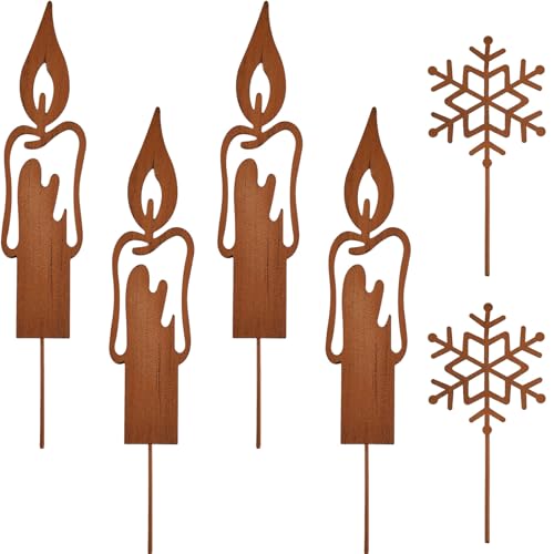Gulfmew 6 Stück Metall Garten Roststecker Umfasst 4 Stück Kerzen Gartenstecker und 2 Stück Schneeflocken Gartendeko Stecker Rost Gartendeko Rostoptik Weihnachtsdeko zum Advent Weihnachten Draußen von Gulfmew
