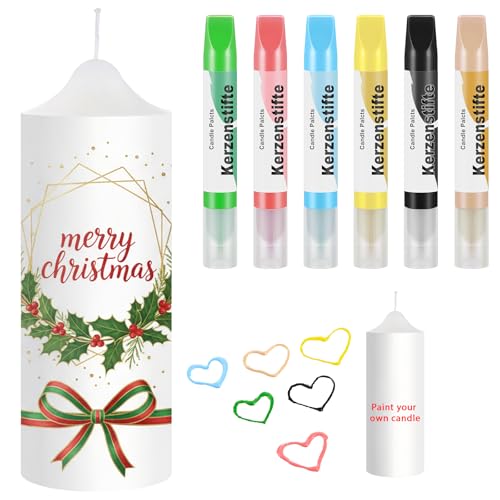 Gulfmew Kerzen Selber Bemalen Set 6 Kerzenstifte 1 Stumpenkerzen zum Verzieren Kerzen zum Selber Gestalten für Taufe Hochzeit Kommunion Weihnachten Geburtstag Personalisiert Weihnachtskerzen Bastelset von Gulfmew
