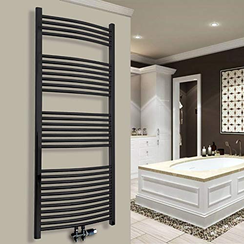 Gulfstream Komfort Badheizkörper 1500 x 600 mm in Schwarz Gebogen inkl. Anschlußarmatur Hochwertiges Handtuchheizkörper-Set in Schwarz von Gulfstream Komfort