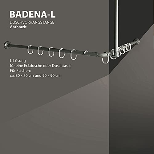 Winkelstange Duschvorhang Stange Anthrazit Weiß Silber Schwarz Bad Stange Winkel, U und L-Form inkl.Deckenhalterung (L-Form 90x90cm, Anthrazit) von Gulfstream Komfort