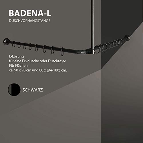 Winkelstange Duschvorhang Stange Weiß Anthrazit Silber Schwarz Bad Stange Winkel, U und L-Form (L-Form 80x(94-180cm), Schwarz) von Gulfstream Komfort