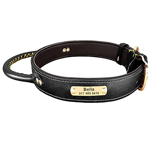 Gulunmun Weiches Leder-Hundehalsband Personalisiertes Haustier-ID-Tag-Halsband mit Griff Graviertes Typenschild für mittelgroße große Hunde Adjustable-Black_M von Gulunmun