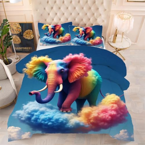 Gumntun Bettdecke 135×200 cm Bunter Elefant, Ganzjahresdecke für Normal Temperierte Schlafzimmer, Lleichte Dünne 3-Teilig Steppdecke mit 2 Kissenbezüge 80×80 cm von Gumntun