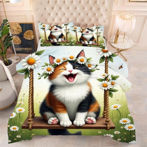 Gumntun Bettdecke 135×200 cm Dreifarbige Erwachsene Katze, Ganzjahresdecke für Normal Temperierte Schlafzimmer, Lleichte Dünne 3-Teilig Steppdecke mit 2 Kissenbezüge 80×80 cm von Gumntun
