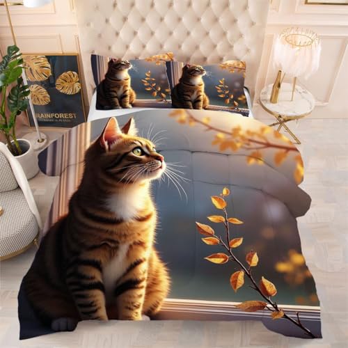 Gumntun Bettdecke 135×200 cm Gelbe Tierkatze, Ganzjahresdecke für Normal Temperierte Schlafzimmer, Lleichte Dünne 3-Teilig Steppdecke mit 2 Kissenbezüge 80×80 cm von Gumntun