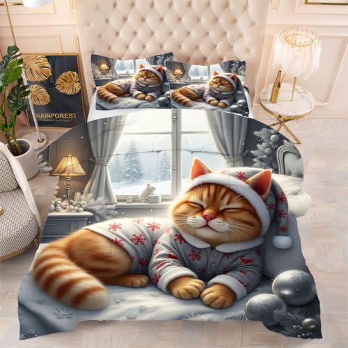 Gumntun Bettdecke 135×200 cm Schlafende Katze, Ganzjahresdecke für Normal Temperierte Schlafzimmer, Lleichte Dünne 3-Teilig Steppdecke mit 2 Kissenbezüge 80×80 cm von Gumntun