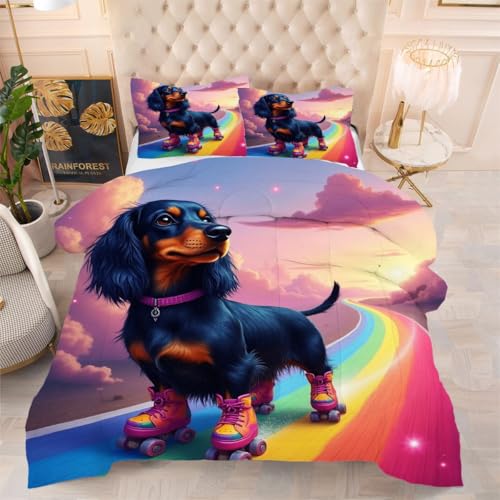 Gumntun Bettdecke 135×200 cm Schwarzer Dackel, Ganzjahresdecke für Normal Temperierte Schlafzimmer, Lleichte Dünne 3-Teilig Steppdecke mit 2 Kissenbezüge 80×80 cm von Gumntun