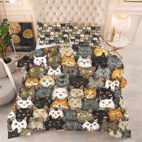 Gumntun Bettdecke 155×220 cm Bunte Cartoon-Katzen, Maschinen Waschbar und Pflegeleicht Schlafdecke, Leichte Mikrofaser Ganzjahresdecke mit 2 Kissenbezüge 80×80 cm für Doppelbett von Gumntun
