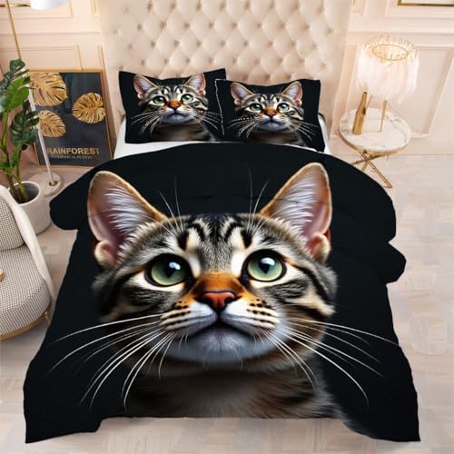 Gumntun Bettdecke 220×240 cm Graue Erwachsene Katze, Weiche Doppelbett Steppdecke für Normal Temperierte Schlafzimmer, 3-Teilig Bettwäsche (1 Decke 220×240 cm + 2 Kissenbezüge 80×80 cm) von Gumntun