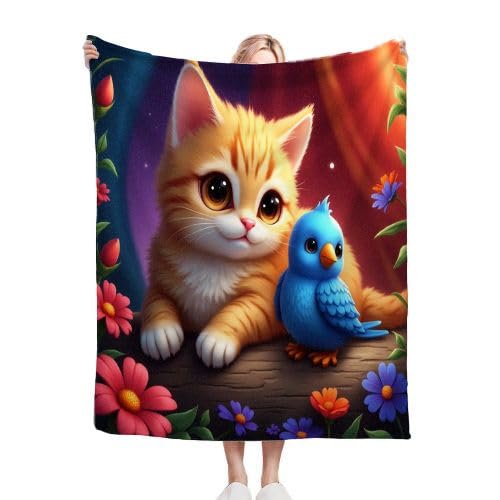 Gumntun Kuscheldecke 200x220 cm Gelbe Katze & Blauer Vogel, Exquisite und Warme Fleecedecke für Bett Sofa Schlafzimmer, Weiche Flauschig Plüsch Decke 200x220 cm für Ganze Saison von Gumntun