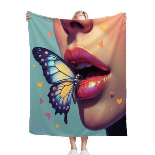 Gumntun Kuscheldecke Flauschige 150x200 cm Schmetterling & Lippen, Warme Flauschige Fleecedecke für Schule Geburtstags Geschenk, Superweiche Flanell Fleecedecke für Kinder Erwachsene von Gumntun