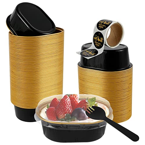 Guniata 60 Stück Backförmchen aus Aluminiumfolie,Mini Kuchenform mit Transparenten Deckeln und Löffeln,Wiederverwendbare Mini Kuchen Förmchen 68 ml,für Kuchen,Käse,Desserts(60pcs,Schwarzes Gold) von Guniata