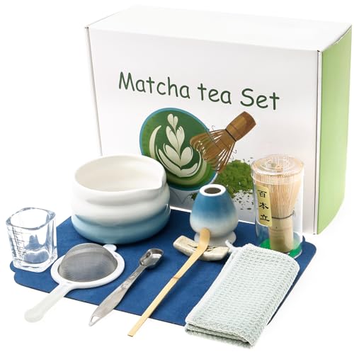 Guniata 10 Stück Matcha Set,Matcha Whisk aus Bambus und Keramik,MatchaTee Set für Anfänger mit Schneebesen,Schüsselhalter,Schöpflöffel,Sieb(Blau) von Guniata