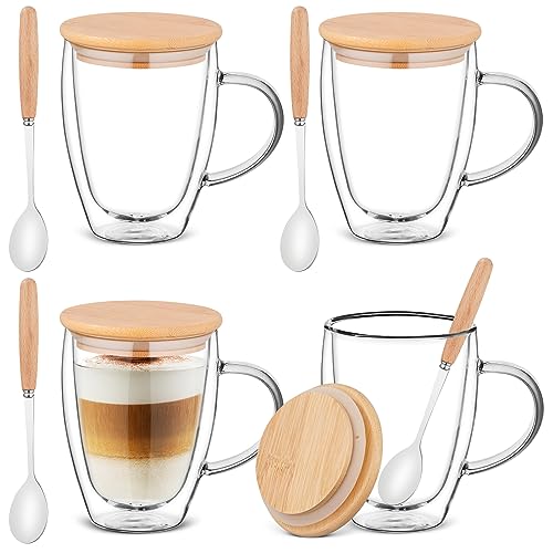 Doppelwandige Kaffeetasse, 4 x 350 ml Pack Espresso Gläser mit Deckel,Espressotassen Set,Latte Macchiato Gläser,Tassen aus Borosilikatglas für Eiskaffee/Heißgetränke/Tee/Cappuccino/Latte von Gunolye