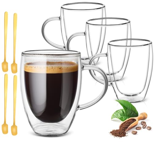 4 x 350 ml Doppelwandige Kaffeetassen,Cappuccino Tassen,Glastassen mit Henkel,Espressotassen,Latte Macchiato Brillen,Hitze und Kältebeständigkeit,für Cappuccino,Latte,Tee,Milch,Bier von Gunolye