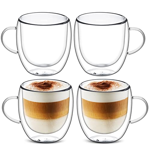 Doppelwandige Kaffeetassen,Cappuccino Tassen,Glastassen mit Henkel,Espressotassen,Latte Macchiato Brillen,Hitze und Kältebeständigkeit,für Cappuccino,Latte,Tee,Milch,Bier(4 x 250 ml) von Gunolye