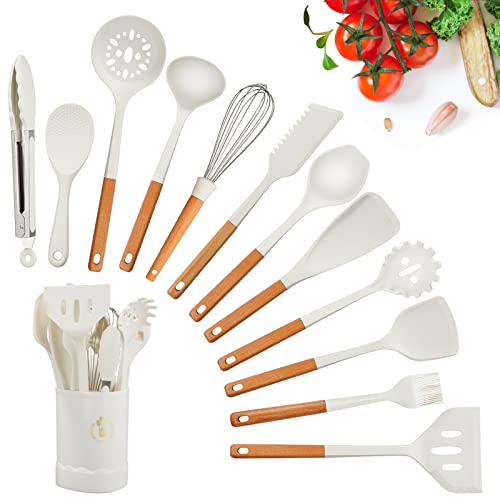 Küchenutensilien-Set, 13-teiliges Silikon-Kochutensilien-Set, hitzebeständiges Utensilien-Set mit natürlichem Holzgriff für antihaftbeschichtetes und kratzfestes Kochgeschirr (weiß) von Gunolye