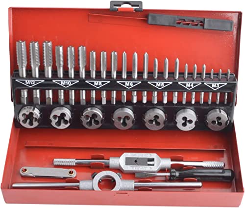 Gunpla 32-tlg. Gewindeschneidsatz Metrisch M3-M12, Wolframstahl Gewindebohrer und Schneideisen Set mit Windeisen, Schneideisenhalter, Schraubendreher und Gewindelehre speziell für Feingewinde von Gunpla