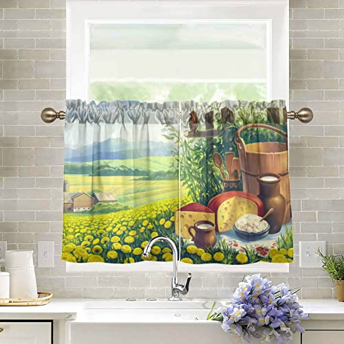 GuoChe Küchenvorhang 61 cm Länge Querformat mit Löwenzahn und Milch Stillleben Set Kurze Halbe Vorhänge für Fenster Cafe Vorhänge 2 Panel von GuoChe