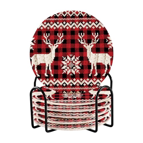 Saugfähige Getränkeuntersetzer Set mit 6 Stück mit Halter Tassenuntersetzer für Tisch Tisch Tasse Untersetzer Kleine Tischdekoration Weihnachten und Neujahr Muster Büffel Plaid von GuoChe