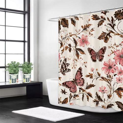Braun Duschvorhang W100 x L180 cm Duschrollo für Badewanne Schmetterling Anti Schimmel Wasserdicht Polyester Stoff,Mit 12 Duschvorhangringe,Beschwerter Saum,Badezimmer Badewanne Dekorieren z-497 von Guofuos