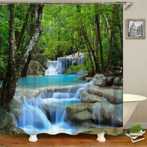 Duschvorhang Anti-Schimmel 200x250cm Dschungelwasserfall Duschvorhäng Waschbar Textil Bad Vorhang,3D Shower Curtains Polyester Antibakteriell Stoff,Badewanne Duschvorhang mit 12 Duschvorhängeringen von Guofuos