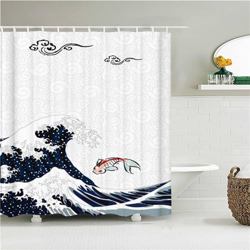 Duschvorhang Anti-Schimmel 90x200cm Surf-Koi Duschvorhäng Waschbar Textil Bad Vorhang,3D Shower Curtains Polyester Antibakteriell Stoff,Badewanne Duschvorhang mit 12 Duschvorhängeringen von Guofuos