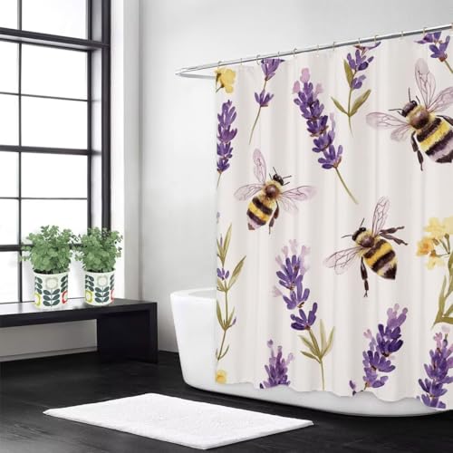 Duschvorhang Lila Duschrollo für Badewanne Lavendel W150 x L200 cm Waschbar,Mit 12 Duschvorhangringe,Beschwerter Saum,Anti Schimmel Wasserdicht Polyester Stoff,Badezimmer Dekorieren Geschenke z-494 von Guofuos