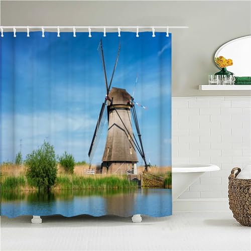 Duschvorhang Windmühlen-Wasseroberfläche 120x120cm Duschvorhäng Anti Schimmel,Wasserabweisend Stoff Duschrollo Waschbar,3D Draussen Bad Vorhang Schnell Trocknend,Badewanne Badezimmer Decor Vorhänge von Guofuos