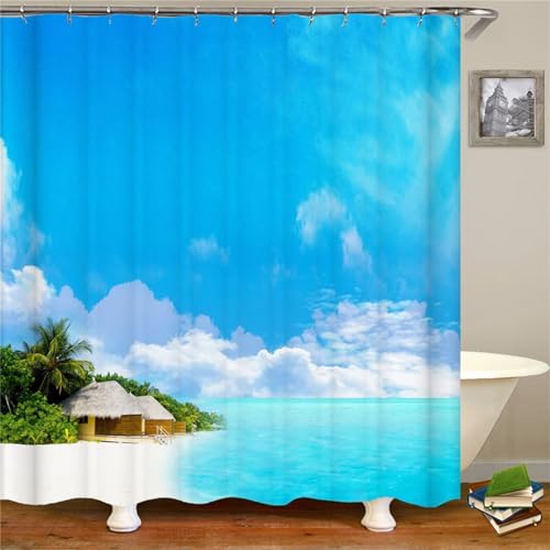 Guofuos Duschvorhang Anti-Schimmel 150x130cm Inselstrand Duschvorhäng Waschbar Textil Bad Vorhang,3D Shower Curtains Polyester Antibakteriell Stoff,Badewanne Duschvorhang mit 12 Duschvorhängeringen von Guofuos