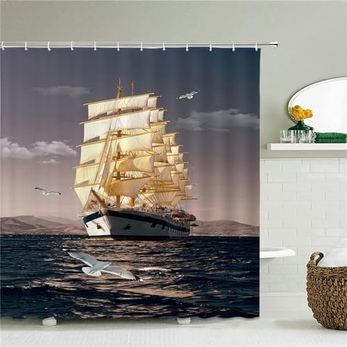 Guofuos Duschvorhang Anti-Schimmel 150x220cm Seesegelboot Duschvorhäng Waschbar Textil Bad Vorhang,3D Shower Curtains Polyester Antibakteriell Stoff,Badewanne Duschvorhang mit 12 Duschvorhängeringen von Guofuos