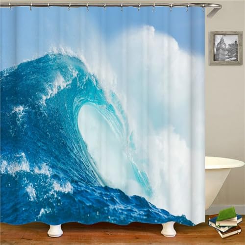 Guofuos Duschvorhang Anti-Schimmel 180x200cm Die Wellen Duschvorhäng Waschbar Textil Bad Vorhang,3D Shower Curtains Polyester Antibakteriell Stoff,Badewanne Duschvorhang mit 12 Duschvorhängeringen von Guofuos