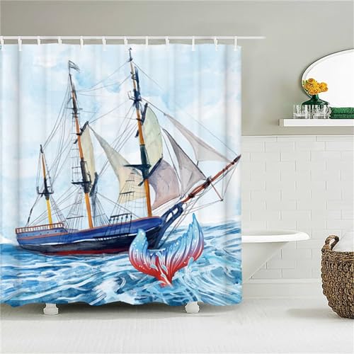 Guofuos Duschvorhang Anti-Schimmel 90x240cm Seesegelboot Duschvorhäng Waschbar Textil Bad Vorhang,3D Shower Curtains Polyester Antibakteriell Stoff,Badewanne Duschvorhang mit 12 Duschvorhängeringen von Guofuos