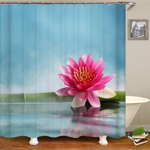 Guofuos Duschvorhang Anti-Schimmel 90x240cm Rosa Lotus Duschvorhäng Waschbar Textil Bad Vorhang,3D Shower Curtains Polyester Antibakteriell Stoff,Badewanne Duschvorhang mit 12 Duschvorhängeringen von Guofuos