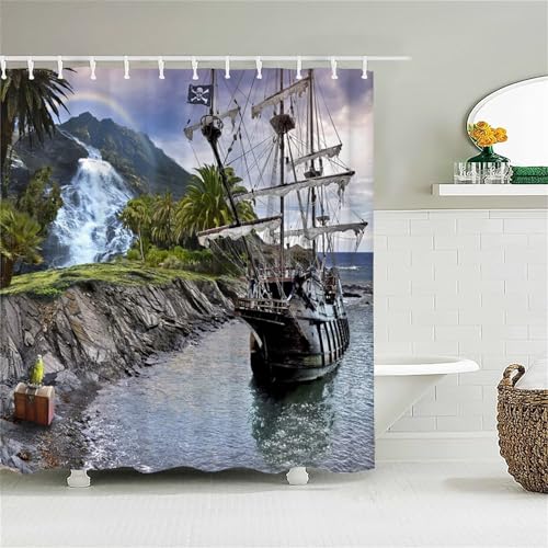 Guofuos Duschvorhang Küstenboot 150x160cm Duschvorhäng Anti Schimmel,Wasserabweisend Stoff Duschrollo Waschbar,3D Draussen Bad Vorhang Schnell Trocknend,Badewanne Badezimmer Decor Vorhänge von Guofuos