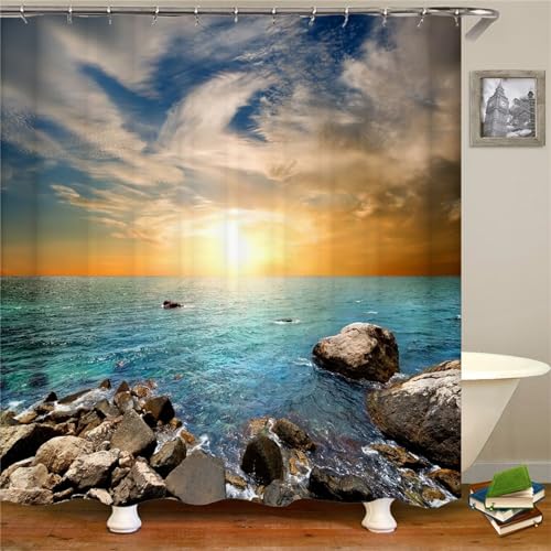 Guofuos Duschvorhang Küstensonnenuntergang 150x160cm Duschvorhäng Anti Schimmel,Wasserabweisend Stoff Duschrollo Waschbar,3D Draussen Bad Vorhang Schnell Trocknend,Badewanne Badezimmer Decor Vorhänge von Guofuos