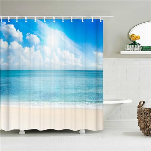 Guofuos Duschvorhang Meer - Strand 180x300cm Duschvorhäng Anti Schimmel,Wasserabweisend Stoff Duschrollo Waschbar,3D Draussen Bad Vorhang Schnell Trocknend,Badewanne Badezimmer Decor Vorhänge von Guofuos