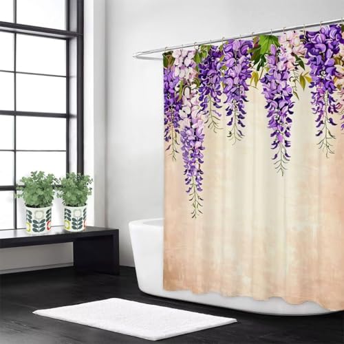 Lila Duschvorhang W160 x L180 cm Duschrollo für Badewanne Lavendel Anti Schimmel Wasserdicht Polyester Waschbar Stoff, Mit 12 Duschvorhangringe, Beschwerter Saum, Badezimmer Badewanne Dekorieren z-491 von Guofuos