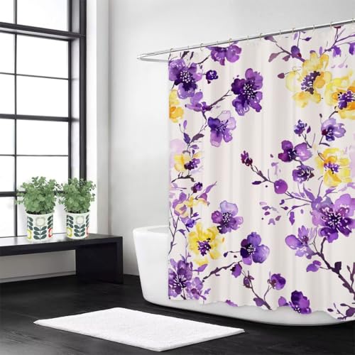 Lila Duschvorhang W180 x L200 cm Duschrollo für Badewanne Pflaumenbossom Anti Schimmel Wasserdicht Polyester Stoff,Mit 12 Duschvorhangringe,Beschwerter Saum,Badezimmer Badewanne Dekorieren z-489 von Guofuos