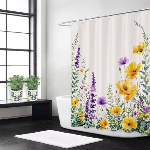 Lila Duschvorhang W90 x L180 cm Duschrollo für Badewanne Lavendel Anti Schimmel Wasserdicht Polyester Waschbar Stoff, Mit 12 Duschvorhangringe, Beschwerter Saum, Badezimmer Badewanne Dekorieren z-493 von Guofuos
