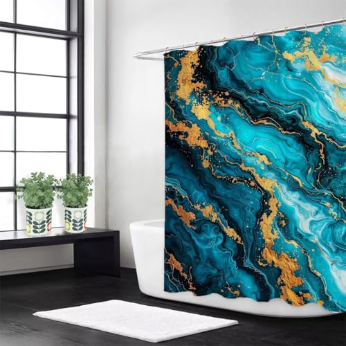 Smaragd Duschvorhang W150 x L200 cm Duschrollo für Badewanne Marmor Anti Schimmel Wasserdicht Polyester Waschbar Stoff,Mit 12 Duschvorhangringe,Beschwerter Saum,Badezimmer Badewanne Dekorieren z-499 von Guofuos