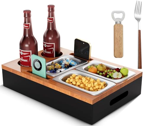 Guolich Couch Bar Holz Couchbar Snackbox Weinglashalter Couch Butler mit Edelstahl-Snackschalen,Sofa Tablett Geeignet für Wohnzimmer Picknick Party,Geburtstagsgeschenk für Männer schwarz von Guolich